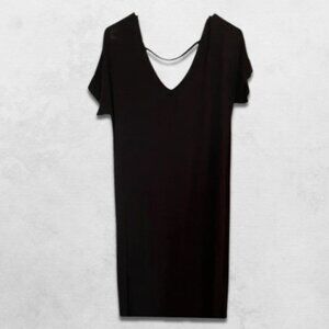 Amazon Cotton Maxi Dress V-Neckline Ankle Length Side Slit Knotted Hem Black W M